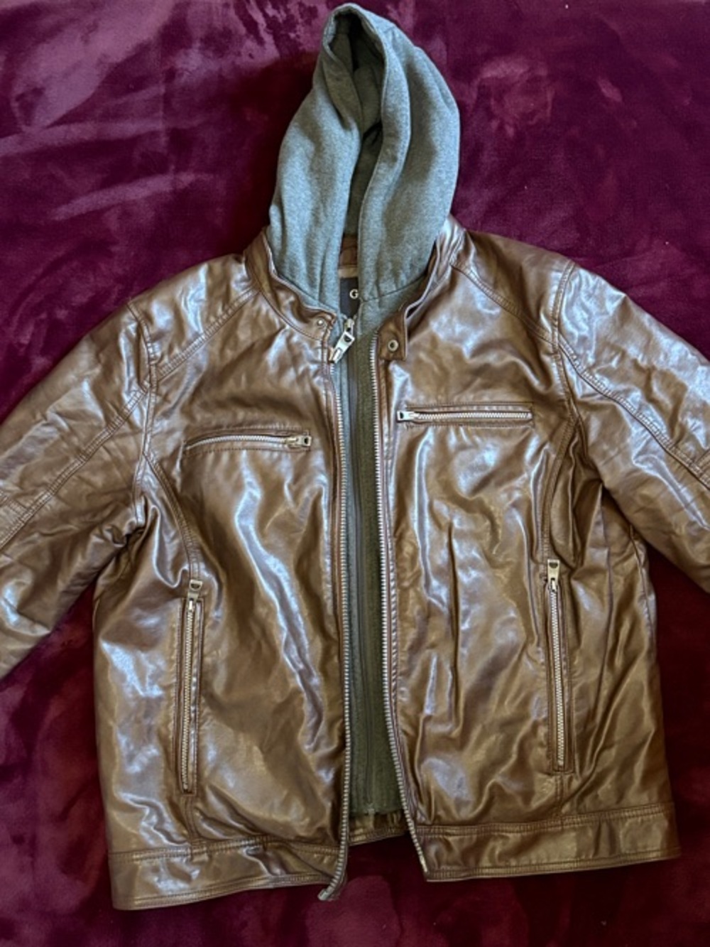 Guess Brown Faux Leather Hooded Jacket